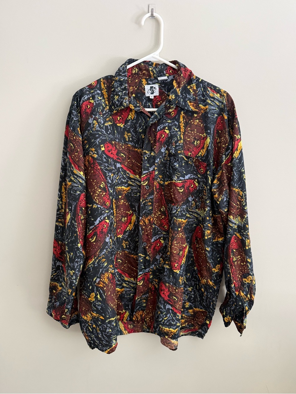 VINTAGE 100% SILK abstract fish print button up shirt oversized fit washable